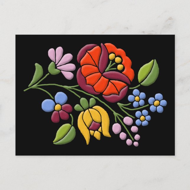 Carte Postale Broderie Kalocsa - Art populaire hongrois (Devant)