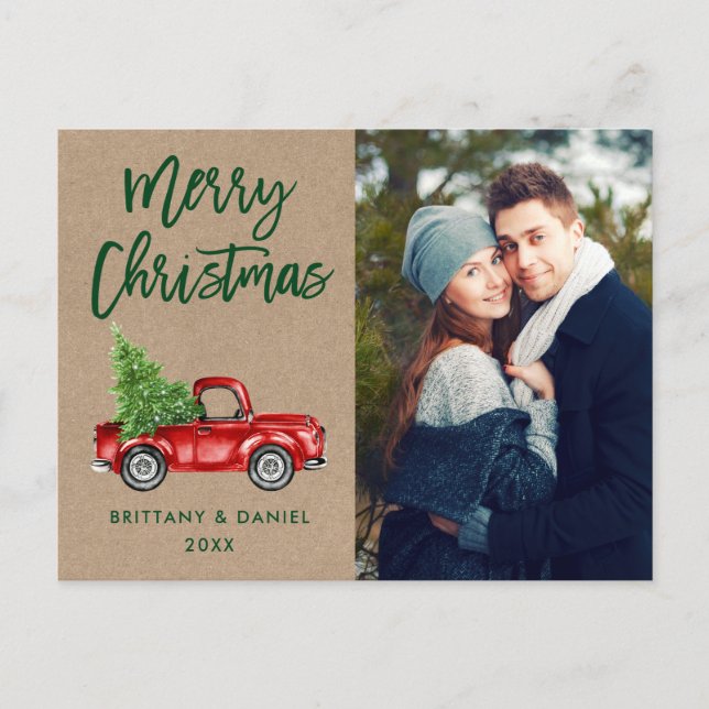 Carte Postale Brosse Kraft Script Camion Couple photo Noël (Devant)