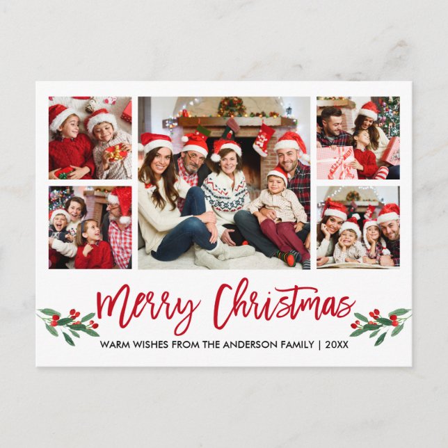 Carte Postale Brosse moderne Script Rouge 5 Photo Famille Noël (Devant)