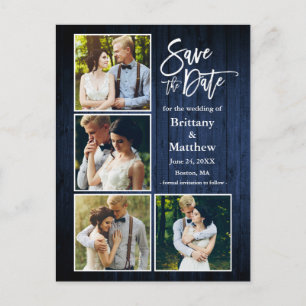 Carte Postale Brosse Script Bleu Bois Enregistrer La Date 4 Phot