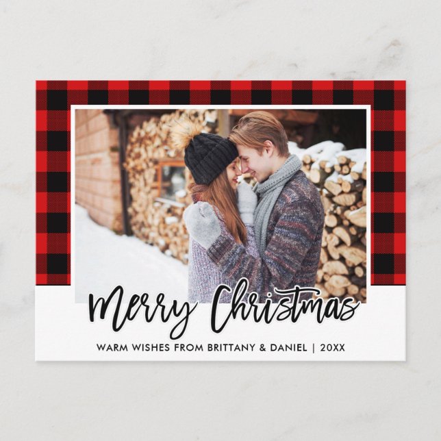 Carte Postale Brosse Script Couple Rouge Plaid Photo Noël (Devant)