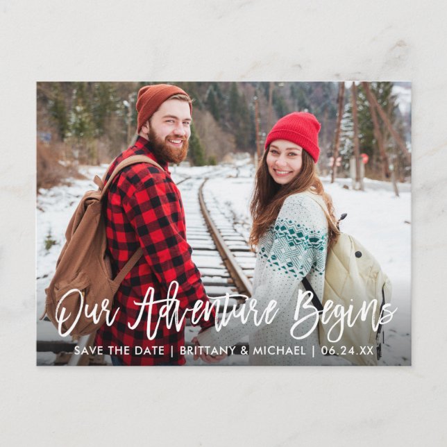 Carte Postale Brosse Script Enregistrer La Date Aventure Couple  (Devant)