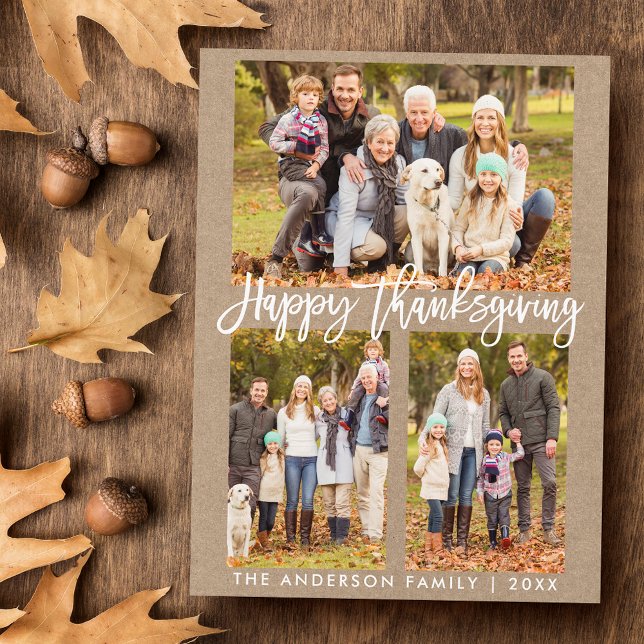 Carte Postale Brosse Script Famille 3 Photo Kraft Thanksgiving (Customize to change your personalized text size or text style.)