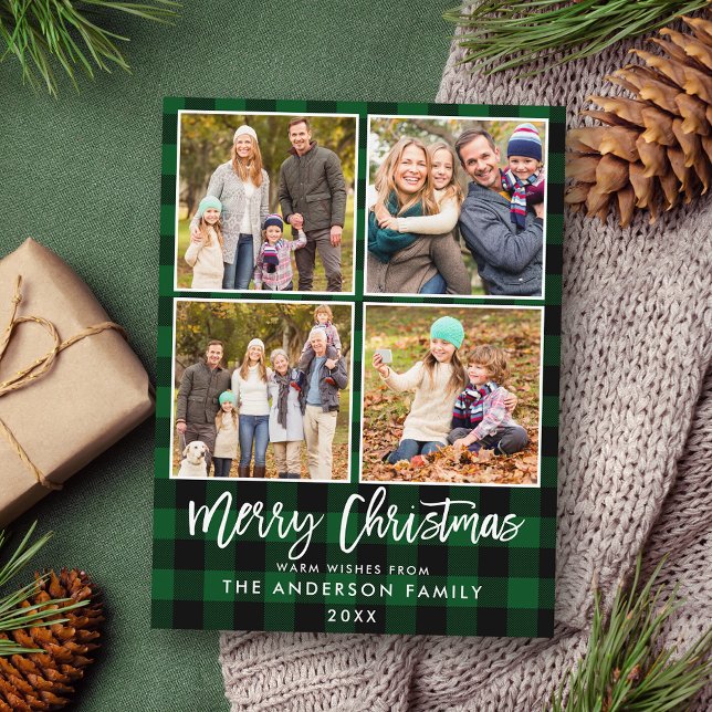 Carte Postale Brosse Script Green Plaid Family 4 Photo Noël (Customize to change your personalized text size or text style.)