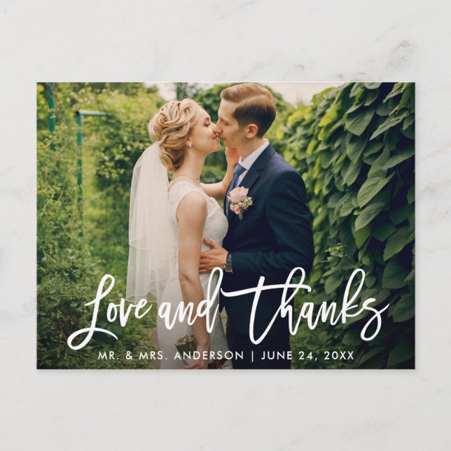 Carte Postale Brosse Script Mariage Photo Amour et Remerciements (Devant)