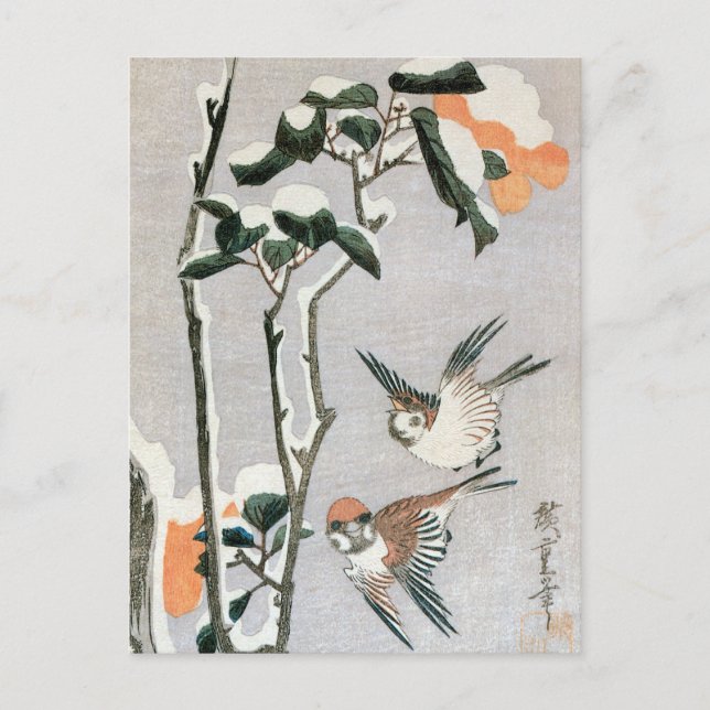 Carte Postale Bruants et Camellia en Neige par Ando Hiroshige (Devant)