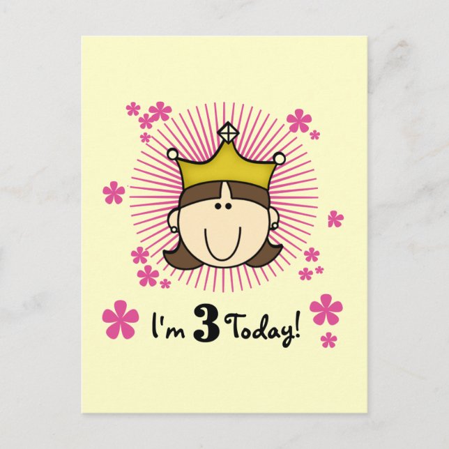 Carte Postale Brunette Princesse 3e Anniversaire Tshirts et cade (Devant)