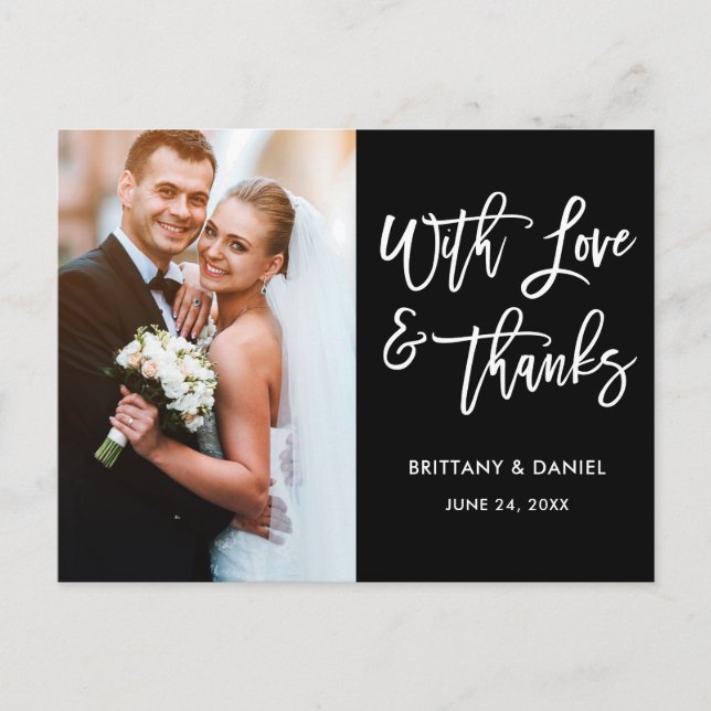 Carte Postale Brush moderne Script Love et Merci Mariage noir (Devant)
