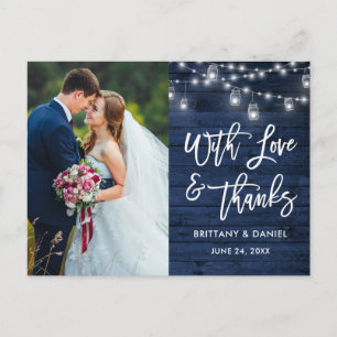 Carte Postale Brush Script Blue Wood Lights Love Merci Mariage