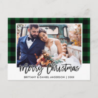Brush Script Green Plaid Mariage Photo Noël