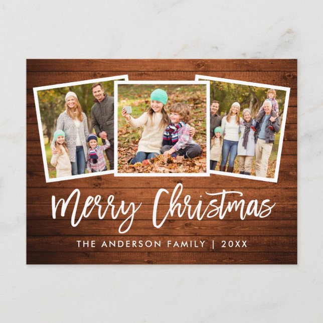 Carte Postale Brush Script Rustique Bois 3 Photo Famille Noël (Devant)