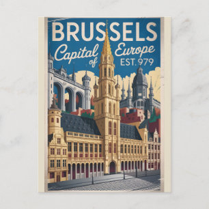 Carte Postale Bruxelles Belgique Rétro Ciel Ville Voyage