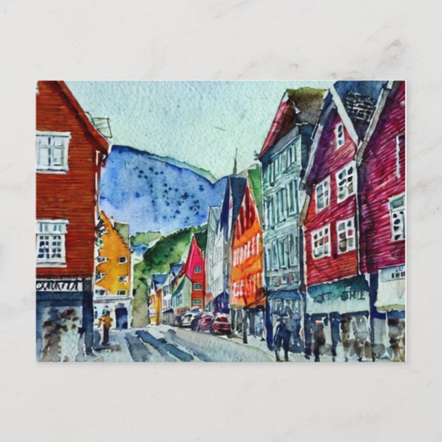 Carte Postale bryggen bergen norway aquarelle (Devant)