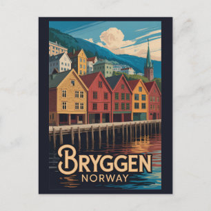 Carte Postale Bryggen Norvège Illustration Voyage Art Bergen