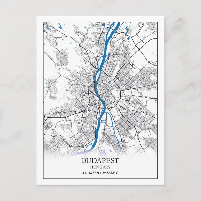 Carte Postale Budapest Hongrie City Plan Voyage Simple Minimal (Devant)
