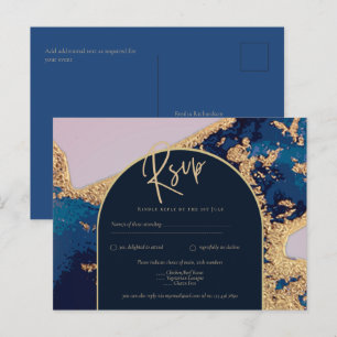 Carte Postale Budget Agate Blue Gold Wedding Inviter QR Code RSV