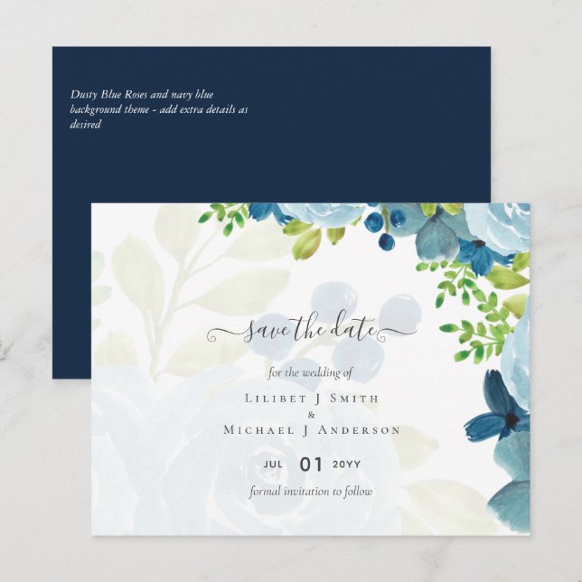 Carte Postale Budget Dusty Blue Flowers Sage Mariage (Devant / Derrière)