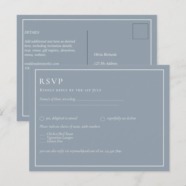 Carte Postale Budget Dusty Blue Monochrome Mariage RSVP (Devant / Derrière)