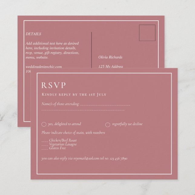 Carte Postale BUDGET Dusty Rose Monochrome RSVP simple simple (Devant / Derrière)