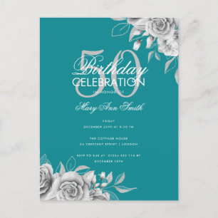 Carte Postale Budget Floral Anniversaire Fête Argent et Turquois