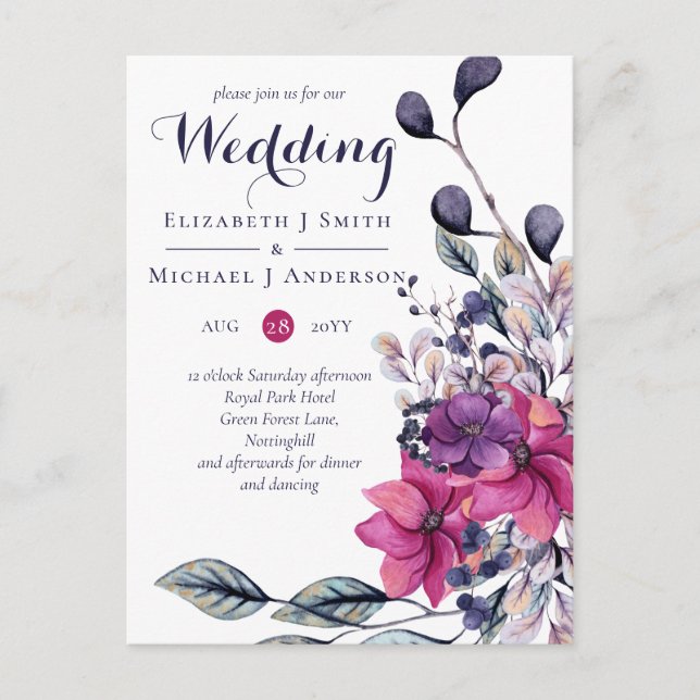 Carte Postale BUDGET Fuchsia Mariage rose violet invite (Devant)