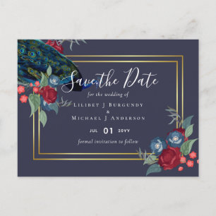 Carte Postale BUDGET  Mariage d'hiver automnal bleu paon et Bour