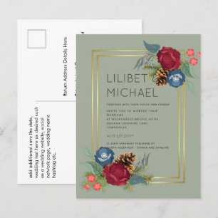 Carte Postale BUDGET Mariage d'hiver Bourgogne Turquoise Bleu mo