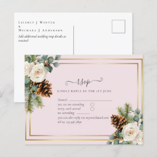 Carte Postale BUDGET Mariage d'hiver Roses blanches Or Dusty Ble