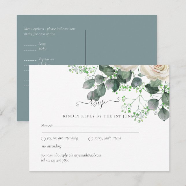 Carte Postale Budget Mariage Feuille de White Roses Sage Eucalyp (Devant / Derrière)