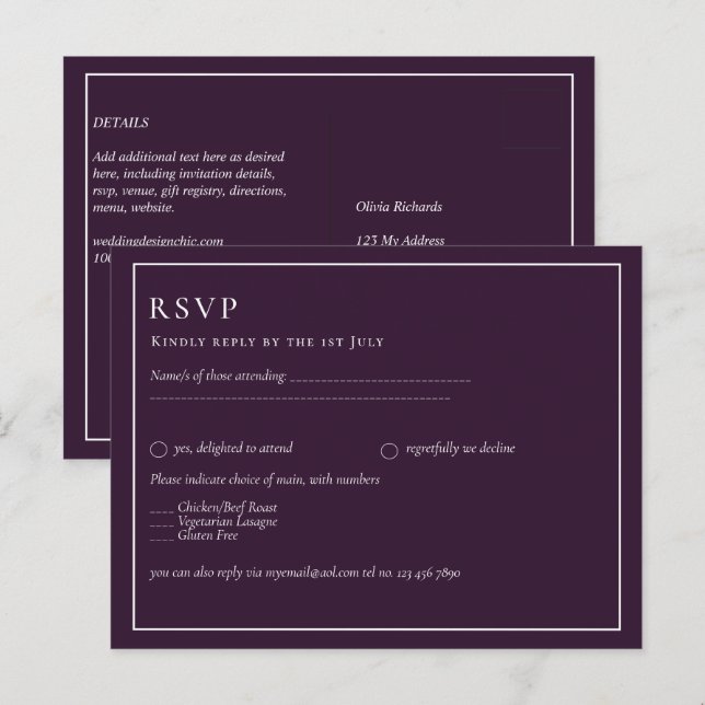 Carte Postale BUDGET Mariage PLUM PURPLE Monochrome Simple (Devant / Derrière)