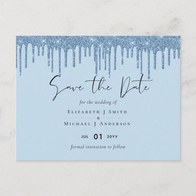 Carte Postale Budget Pretty Girly BLUE Glitter Mariage Save The  (Devant)