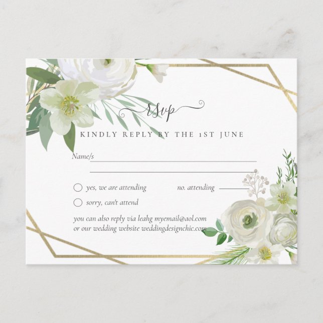 Carte Postale BUDGET Rose blanche verte Mariage or (Devant)