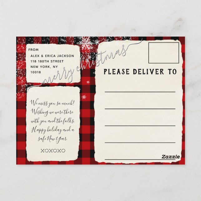 Carte Postale Buffalo Plaid Neige Joyeux Script de Noël (Dos)