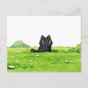 Carte Postale Buisson Vert Fluffy Mignon Chat Noir