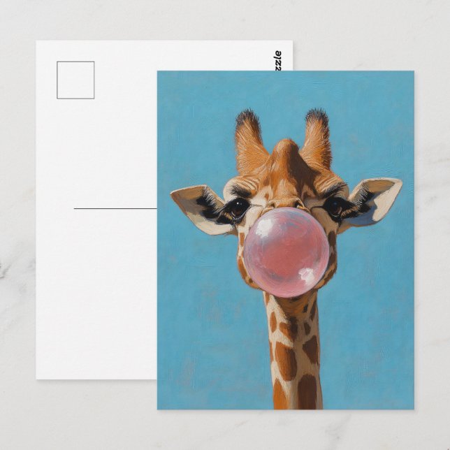 Carte Postale Bulle de bulle rose de girafe (Devant / Derrière)