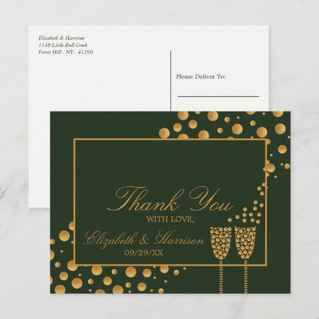 Carte Postale Bulles Champagne d'or - Vert & Or - Merci (Devant / Derrière)