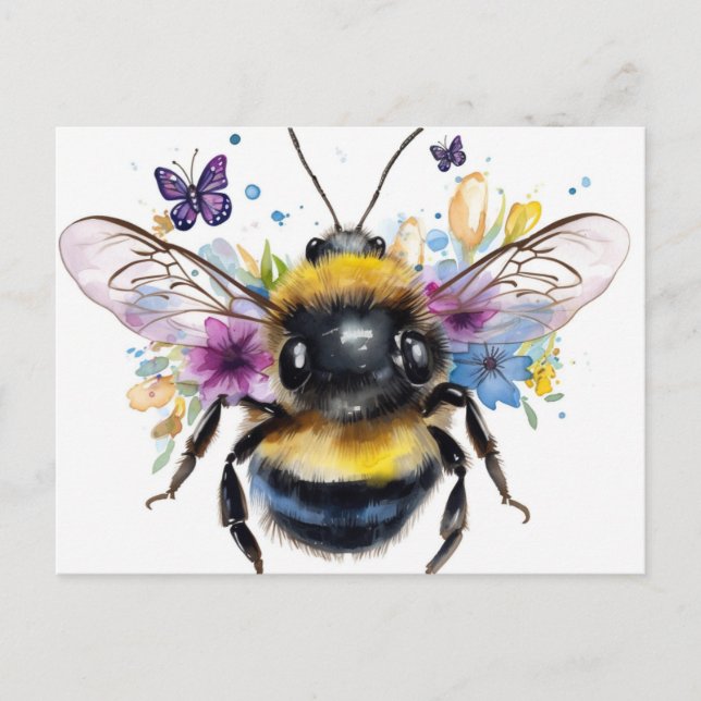 Carte Postale Bumble de printemps et papillons (Devant)