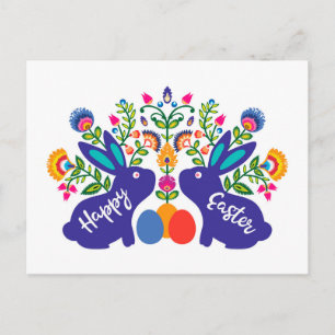 Carte Postale Bunnies 🐰 bleus avec Fleurs Folklore Texte person