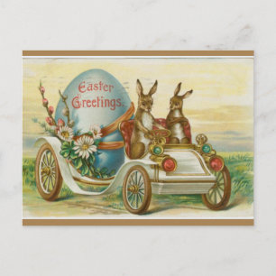 Carte Postale Bunnies vintages dans une voiture avec Oeuf de Pâq