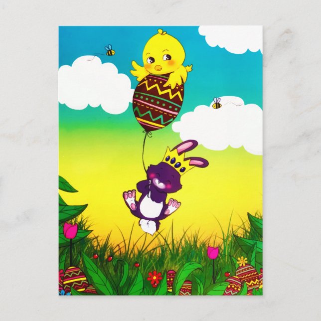 Carte Postale Bunny Bee Chicks Chasse aux oeufs de Pâques Aquare (Devant)