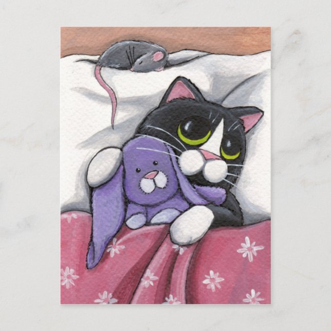 Carte Postale Bunny Hugz | Tuxedo Cat et Toy Bunny Illustration (Devant)