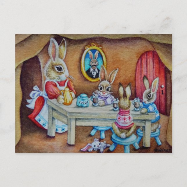 Carte Postale Bunny Rabbit Famille de cacao chaud Bref aquarelle (Devant)