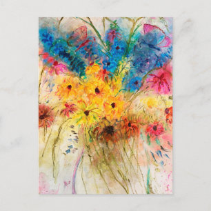 Carte Postale Bunter Blumenstrauß mit Schmetterlingen. Aquarell