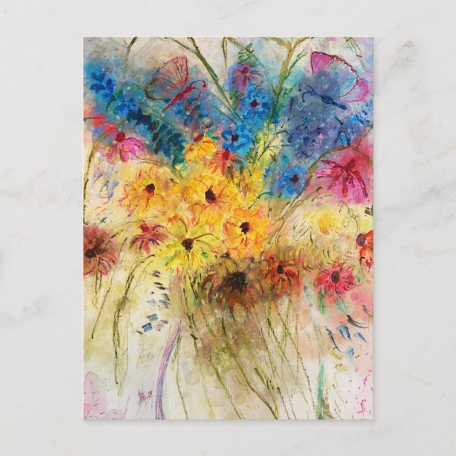 Carte Postale Bunter Blumenstrauß mit Schmetterlingen. Aquarell (Devant)