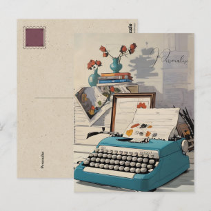 Carte Postale Bureau de dactylo vintage bleu personnel rétro