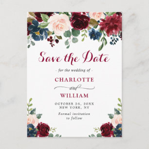 Carte Postale Burgundy Bleu Blush Floral Wedding Enregistrer la 