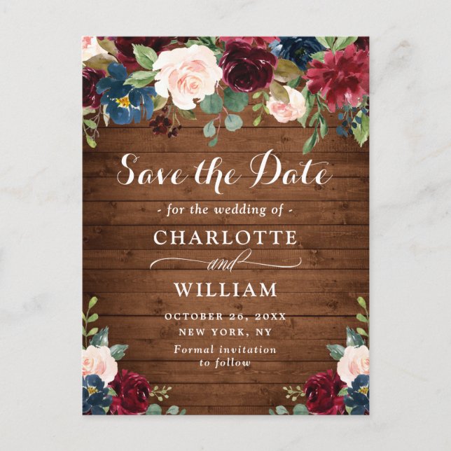 Carte Postale Burgundy Bleu Blush Mariage rustique Enregistrer l (Devant)