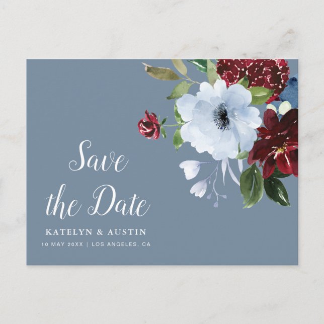 Carte Postale burgundy bleu foncé floral enregistrer la date (Devant)
