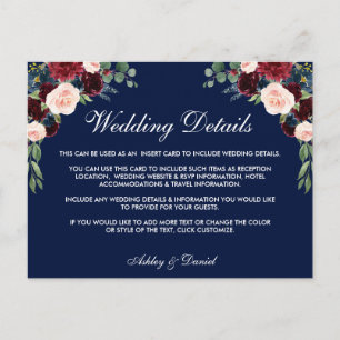 Carte Postale Burgundy Blue Floral Détails du Mariage Insérer la