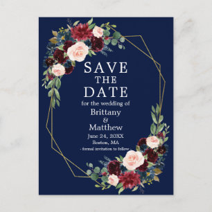 Carte Postale Burgundy Blue Floral Geo Frame Enregistrer la date
